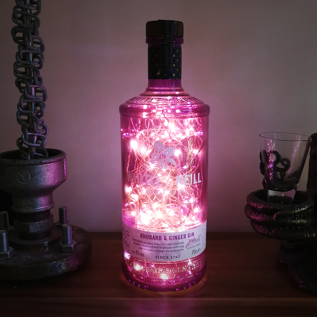 Whitley Neill Rhubarb & Ginger gin LED bottle light, 70cl - Retro Style